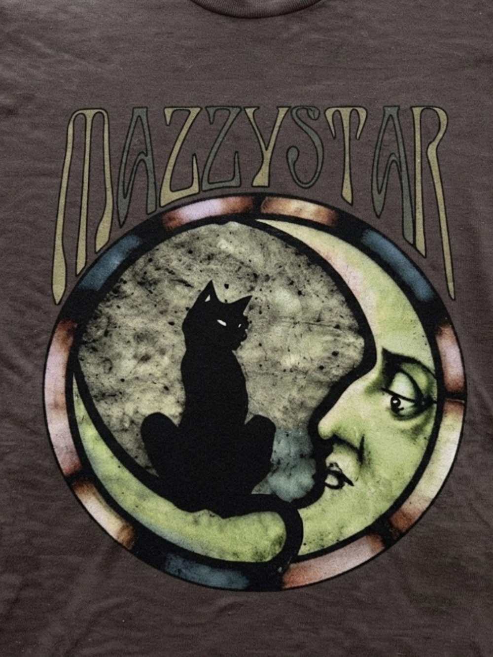 Black Mazzy Star Cat Moon Graphic Brown Gildan T-Shirt - Picture 2 of 2